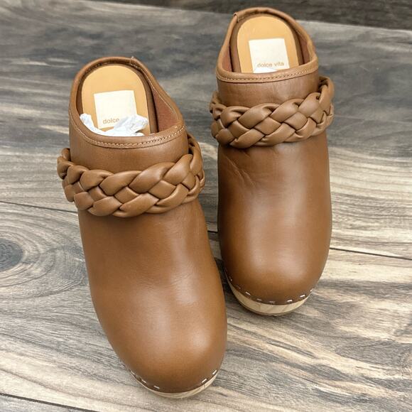 NIB Dolce Vita 8.5 Hila Braided Block Heel Leather Mule Clogs Saddle - Picture 3 of 13